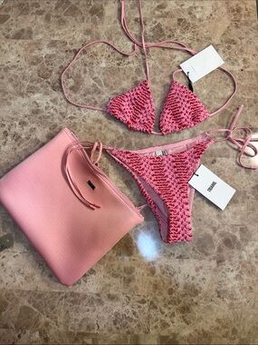 triangl swimwear Pink Crochet Two-Piece Bikini with Pouch